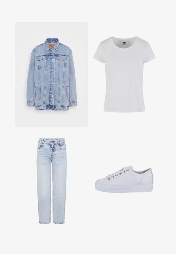 Chaqueta de denim azul claro con cierre de botones en la parte delantera, dos bolsillos en el pecho y un desgaste sutil. Presenta un cuello clásico y un ajuste relajado.; Camiseta blanca de manga corta hecha de algodón. Presenta un escote redondeado y una forma ajustada. La etiqueta dice "URBAN CLASSICS."; Jeans de mezclilla de tiro alto en color azul claro; corte recto con bolsillos frontales, cierre de botón y patrones de desvanecimiento mínimos.; Zapatillas de cuero blanco con una textura suave, punta redonda y suela blanca elevada. Presentan ojales plateados y cordones planos.