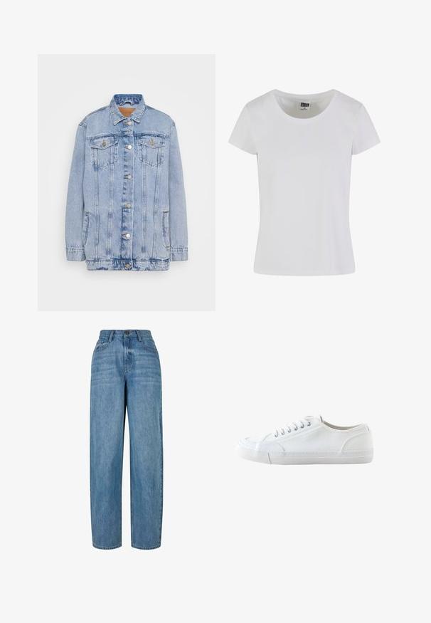 Lyseblå denimjakke med knaplukning foran, to brystlommer og subtilt slid. Har en klassisk krave og en afslappet pasform.; Hvid, kortærmet t-shirt lavet af bomuld. Har en rund halsudskæring og en tætsiddende form. Lappen læser "URBAN CLASSICS."; Lyseblå denimjeans med lige ben-design, der har en knaplukning, fem lommer og subtilt slid i stoffet.; Hvid lavtop lærredsneaker med hvide snørebånd og gummisål, vist fra siden på en hvid baggrund.