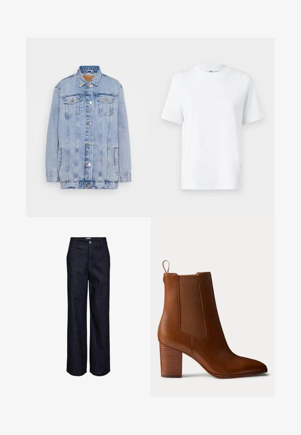 Veste en denim bleu clair avec un devant à boutons, deux poches poitrine et une légère décoloration. Présente un col classique et une coupe décontractée.; T-shirt en coton blanc à col rond, avec des manches courtes et une texture lisse. Conçu avec une coupe décontractée pour plus de confort et de polyvalence.; Jeans en denim bleu foncé à jambes droites avec fermeture par bouton et zip, passants pour ceinture, et détails de coutures visibles.; Bottine en cuir marron avec talon bloc, panneaux latéraux élastiques et languette à l'arrière, vue de profil sur un fond uni.