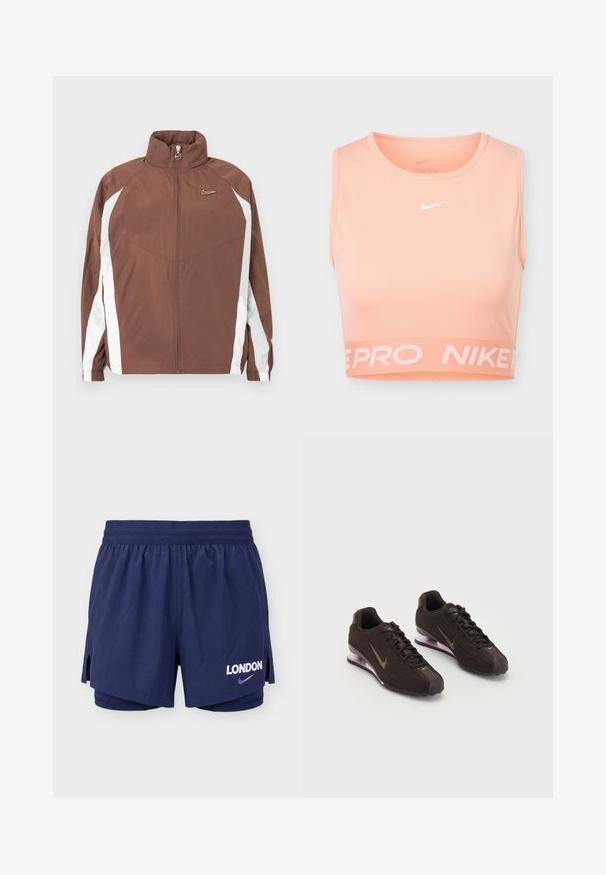 Veste en nylon marron avec un col montant, une fermeture éclair et des panneaux latéraux blancs. Comprend un petit logo sur la poitrine et des poignets élastiques.; Crop top de sport Nike Pro couleur pêche, sans manches, col rond, logo Nike swoosh blanc centré devant, et ourlet élastique à la marque.; Short de course superposé bleu marine avec ceinture élastique, fentes latérales et inscription "LONDON" avec le logo Nike sur la jambe avant droite.; Baskets de sport noires avec une tige texturée, des accents marron et une semelle à coussin d'air violette. Design à lacets avec une marque bien visible.