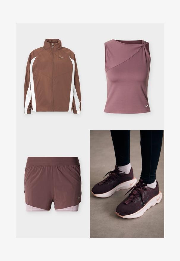 Chaqueta de nailon marrón con cuello alto, cierre de cremallera y paneles laterales blancos. Presenta un pequeño logotipo en el pecho y puños elásticos.; Top deportivo sin mangas color malva con escote asimétrico y pequeño logo blanco de Nike en el lado inferior izquierdo.; Pantalones cortos en malva intenso con un diseño ligero, que cuentan con una cinturilla ancha y un forro interior rosa. Incluyen un pequeño detalle de logo en el lateral.; Zapatillas deportivas color granate con parte superior de tejido texturizado, suela blanca y logo de Nike en negro. Presentan cordones redondos y ojales de cordón estampados.