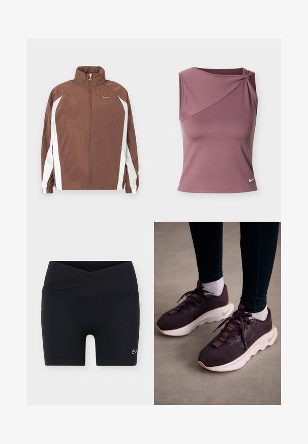 Brun nylonjakke med høj krave, lynlås og hvide sidepaneler. Har et lille logo på brystet og elastiske manchetter.; Ærmeløs mauve atletictop med asymmetrisk halsudskæring og lille hvid Nike-logo på nederste venstre side.; Sorte atletikshorts med et krydsbånd i taljen og lille hvid Nike swoosh-logo på venstre ben mod en ensfarvet baggrund.; Mørkerøde sportssko med en tekstureret strikoverdel, hvid sål og sort Nike-logo. Har runde snørebånd og mønstrede snørehuller.