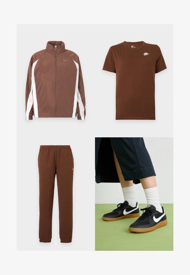 Pruun nailonist jakk kõrgkaelusega, lukuga ja valgete külgpaneelidega. Omab väikest rinda paigutatud logo ja elastseid varrukasuu detaile.; Pruun lühikeste varrukatega Nike T-särk valge Nike logoga vasakul rinnal ja ümmarguse kaelusega, esitatud lihtsal taustal.; Pruunid Nike dressipüksid elastse vöökohaga ja varrukatega, väike valge Nike Swooshi logo vasakul reiel, ühtlane taust.; Mustad nahast ja sünteetilised sneekerid valge Nike logoga, kummist gumme, ümar nina ja mustad paelad. Näha ribakujulisi valgeid sokke.