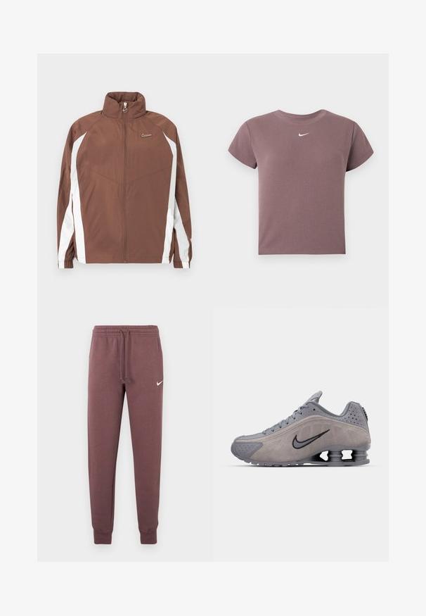 Brun nylonjakke med høj krave, lynlås og hvide sidepaneler. Har et lille logo på brystet og elastiske manchetter.; Mauve ribbet kortærmet crop top med rund hals og lille hvid Nike-logo centreret under halsudskæringen.; Nike joggingbukser i bordeauxrød med elastik i taljen og snøre, ribstrikkede manchetter og et lille hvidt logo på venstre hofte.; Grå ruskinds atletiksko med et buet design, der har snørebånd, et sort swoosh-logo og en synlig stødabsorberende hælenhed.