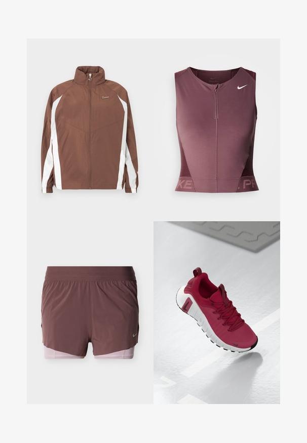 Hnedá nylonová bunda s vysokým golierom, zapínaním na zips a bielymi bočnými panelmi. Má malé logo na hrudi a elastické manžety.; Bezruký top Nike Pro v tmavom bordó odtieni so zipsom vpredu, textúrovanými bočnými panelmi a logom na hrudi. Hladká látka, atletický strih.; Šortky v hlbokom purpurovom odtieni s ľahkým dizajnom, vybavené širokým pásom a ružovým vnútorným materiálom. Obsahujú malý logo detail na boku.; Červená atletická obuv s textúrovaným zvrškom, šnúrkami a hrubou bielou podrážkou. Má kontrastný čierny špic a logo na boku.