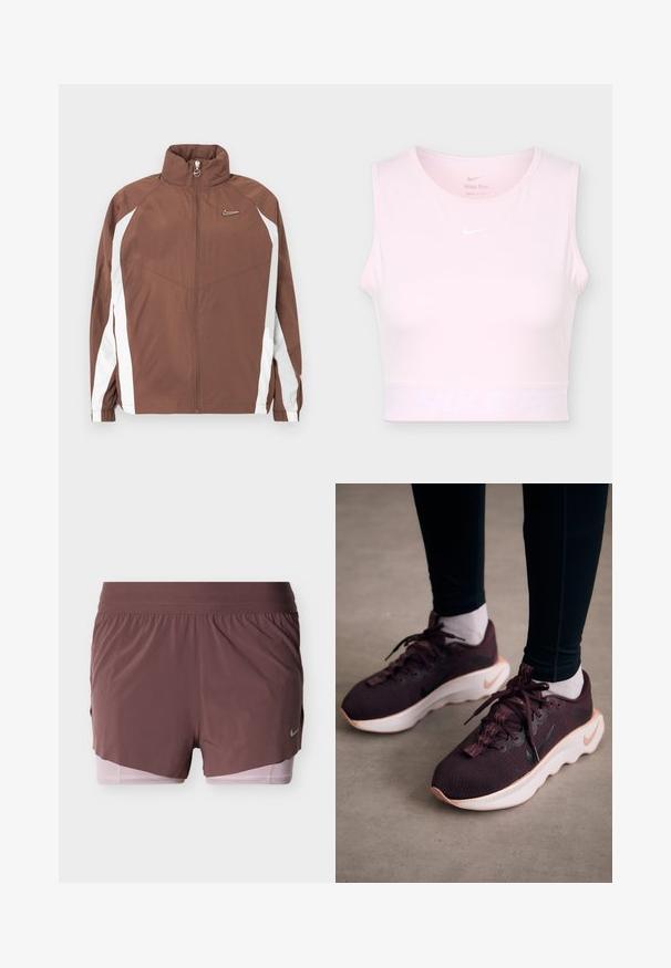 Veste en nylon marron avec un col montant, une fermeture éclair et des panneaux latéraux blancs. Comprend un petit logo sur la poitrine et des poignets élastiques.; Haut de sport court sans manches rose clair avec col rond et logo Nike Swoosh blanc sur la poitrine et la ceinture.; Shorts en mauve profond avec un design léger, dotés d'une large ceinture et d'une doublure intérieure rose. Comprennent un petit détail de logo sur le côté.; Chaussures de sport bordeaux avec une tige en maille texturée, semelle blanche et logo Nike noir. Elles présentent des lacets ronds et des œillets à motifs.