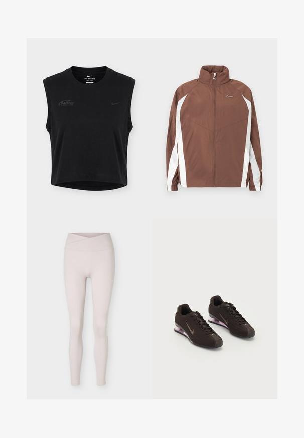 Veste en nylon marron avec un col montant, une fermeture éclair et des panneaux latéraux blancs. Comprend un petit logo sur la poitrine et des poignets élastiques.; Haut d’entraînement Nike Dri-FIT noir, court et sans manches, avec col rond et logos Nike discrets sur la poitrine et le col.; Leggings beige clair taille haute sans coutures avec un détail de ceinture croisée, présentés à plat sur un fond blanc.; Baskets de sport noires avec une tige texturée, des accents marron et une semelle à coussin d'air violette. Design à lacets avec une marque bien visible.