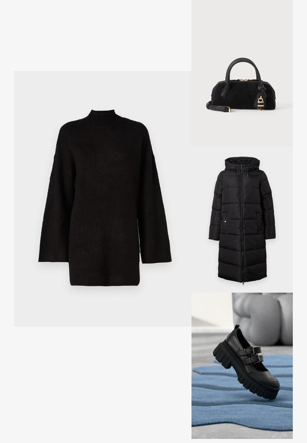 Schwarzer Puffermantel mit Kapuze, lange, gerade Silhouette, gestepptem Material, Frontreißverschluss und zwei seitlichen Taschen.; Schwarzer oversized Strickpullover mit hohem Stehkragen und langen Ärmeln, der mit einem strukturierten Stoff für zusätzlichen visuellen Reiz ausgestattet ist.; Schwarze Lederschuhe mit doppelt geschnallten Riemen und dicken, profilierten Sohlen. Der Schuh steht auf einem strukturierten blauen Teppich.; Schwarze Lederhandtasche mit abgerundeten Griffen, goldenem Reißverschluss, abnehmbarem Schultergurt und einem hängenden goldenen Vorhängeschloss-Anhänger.