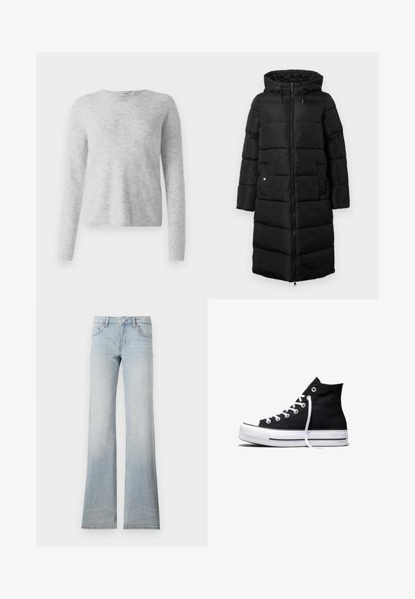 Manteau rembourré noir avec capuche, présentant une silhouette longue et droite, un texture matelassée, une fermeture éclair à l'avant et deux poches latérales.; Pull en maille gris avec une texture côtelée, des manches longues et un décolleté en V. Apparence simple et minimaliste.; Jean flare en denim bleu clair avec une finition délavée, cinq poches et une fermeture à bouton. Le tissu a une texture lisse et un léger stretch.; Baskets montantes en toile noire avec semelle en caoutchouc blanche et lacets blancs, vues de côté sur un fond blanc.