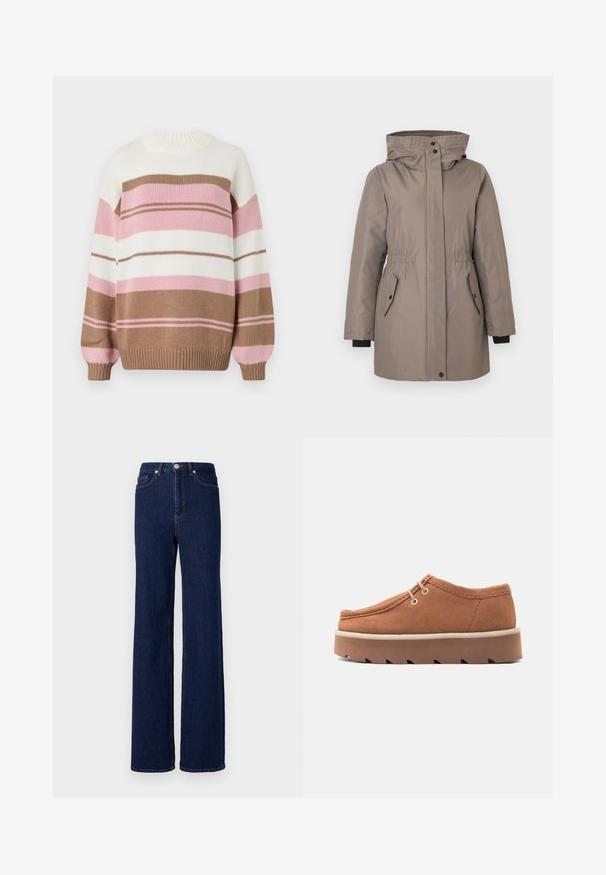 Lys brun parka med hætte, elastisk talje, knaplukninger, to sidelommer og sorte manchetter. Glat, struktureret stof.; Strikket pullover med rund hals, der har vandrette striber i beige, hvid, pink og lys pink. Inkluderer ribkant ved ærmer og kant.; Mørkeblå denim jeans med høj talje, bred benudskæring og klassisk fem-pocket design. Afsluttet med kontrastsyning og en metalknap.; Brun ruskinds lav sko med snørelukning foran, tyk hvid mellemsål og takkede brune gummiydersål, mærket "Wallabees" på siden.