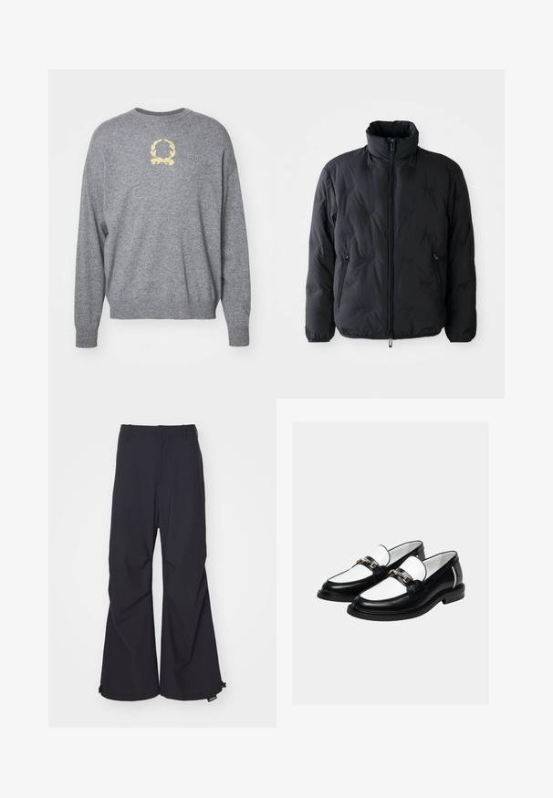 Sort polstret jakke med høj krave, fuld frontlynlås og to sidelommer. Har en glat tekstur og diskret mærkning.; Grå strikket sweater med rund hals, prydet med en gul broderet laurbærdesign på brystet samt ribbede manchetter og fald.; Marineblå, brede bukser lavet af glat stof, med to forlommer og snoretræk ved kanten. Renset, skræddersyet design uden udsmykning.; Par sorte og hvide læder loafers med guldkæde på toppen, sat mod en ensartet lys baggrund.