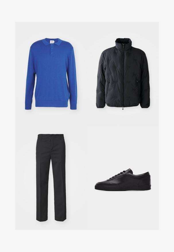 Must must jacket kõrge krae, täispikk tõmblukk ja kaks külge taskut. Omab siledat tekstuuri ja peent brändi detaili.; Pika-särgi sinine pikkade varrukatega polo nööbiga, kolme nupu ja soonilise kummiga mansettide ning alumise äärega. Valmistatud pehmest kudumisest.; Filippa K TROY TROUSERS - Püksid - black; Mustad madala säärega nahast toss, millel on ees nöörpaelad ja lame kummitald, nähtud küljelt tühjal valgel taustal.