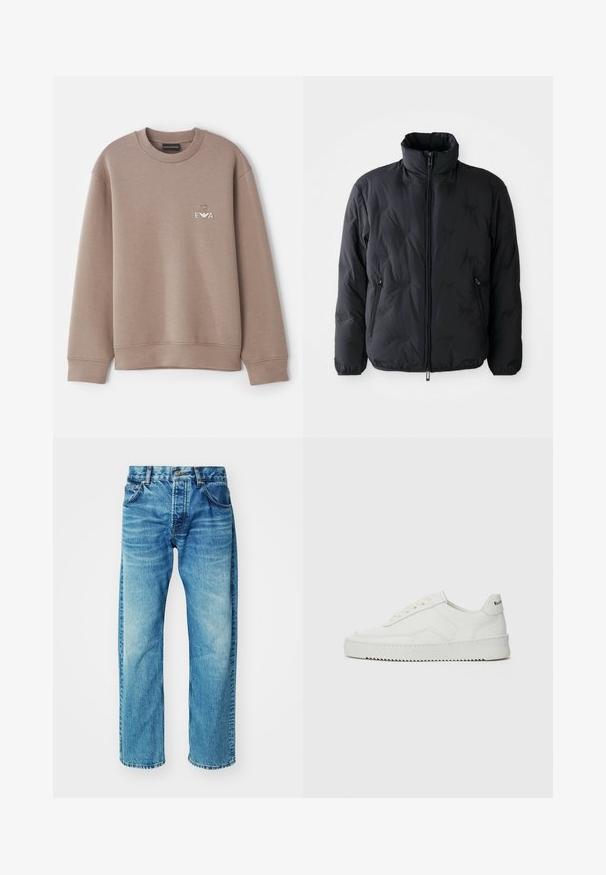 Sort polstret jakke med høj krave, fuld frontlynlås og to sidelommer. Har en glat tekstur og diskret mærkning.; Brun sweatshirt lavet af blødt materiale. Har rund hals og ribbede manchetter. Dekorativ "EVA" logo på brystet med et emblem ovenover.; Blå denimjeans med en afslappet pasform, der har fem lommer, en knaplukning og en subtil falming med en let, frayed kant.; Hvide lædersneakers med en glat overflade, rund tå, flade snørebånd og en tekstureret sål. Har et diskret logo på hælen.