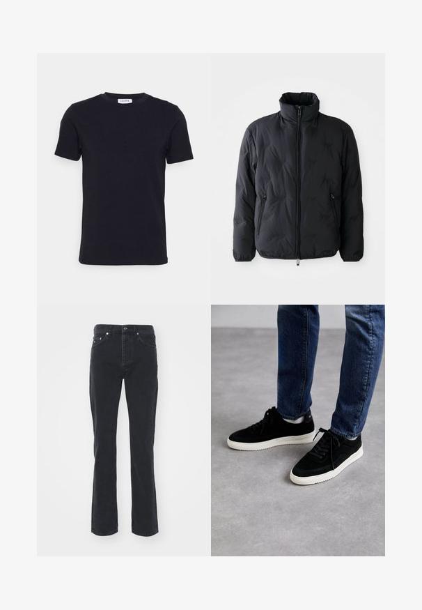 Must must jacket kõrge krae, täispikk tõmblukk ja kaks külge taskut. Omab siledat tekstuuri ja peent brändi detaili.; Musthave pehmeavillane must t-särk lühikeste varrukatega ja ümar kaelus, millel on väike valge silt kaela sees.; Mustad denimist valmistatud sirge säärega teksad, mis sisaldavad viit taskut ja nööbiga kinnitust. Kude on õrnalt tekstuuritud ja vastupidav.; Mustast nahast tennisetossud valge kummiseguga tallaga, klassikalise madala disainiga, ümarate varvastega ja lame mustade paeltega.