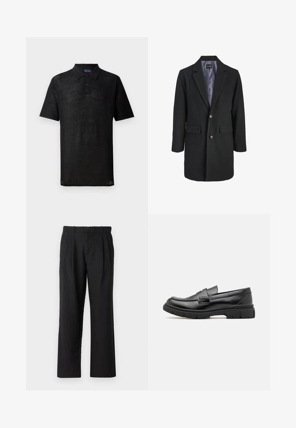Manteau en mélange de laine noir avec un col cranté, fermeture à boutons simple, deux poches avant et doublure en satin.; Polo noir en tissu tricoté texturé. Il présente des manches courtes, un col et une patte de boutonnage à trois boutons. Design léger, coupe décontractée.; Jack & Jones Classic Wide Leg Fit - Pantalon classique - black; Mocassin en cuir noir avec une large sangle sur le devant, semelle en caoutchouc à épaisse rainure, et texture lisse. Design classique et élégant.