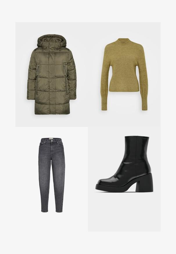 Oliven grøn quiltet pufferjakke med hætte, fuld frontlynlås og lynlåslommer på siden, designet til koldt vejr.; Grøn rippet sweater med høj hals, lange ærmer og tætsiddende liv. Lavet af et blødt, tekstureret strikstof.; Sortvaskede jeans med høj talje, tilspidset pasform, forlommer, bæltestropper og knaplukning foran.; Sorte ankelstøvler med en blank finish, firkantet tå og en tyk blokhæl. Designet har en strømlinet silhuet og minimal branding.