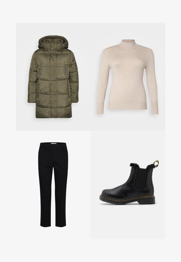 Olivegrüner gesteppter Puffer-Mantel mit Kapuze, durchgehendem Reißverschluss und seitlichen Reißverschluss-Taschen, geeignet für kaltes Wetter.; Beige Rollkragenpullover aus einem weichen Stoff, mit langen Ärmeln und gerippten Bündchen. Glatte Textur ohne Muster oder Verzierungen.; Schwarze Baumwollhose mit geradem Schnitt. Verfügt über fünf Taschen und einen vorderen Knopfverschluss. Glatte Textur, minimale Nähdetails.; Schwarze Leder Stiefeletten mit strukturierten elastischen Seitenpanelen, einem Fellbesatz an der Oberkante, gelben Nähten und einer robusten Gummisohle.