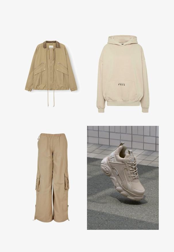 Veste beige zippée avec col en velours côtelé, cordons de serrage au cou et à l'ourlet, poignets élastiques, et plusieurs poches zippées et à boutons-pression à l'avant.; Sweat à capuche beige avec une poche avant, des poignets côtelés et une capuche à cordon. Texte "PECADOR PGDR" imprimé sur la zone de la poche.; Pantalons cargo beiges avec une taille élastique, deux poches latérales et des accents en maille ; fabriqués en tissu léger et texturé.; Baskets de sport beiges avec une tige en mesh et synthétique, un col rembourré et une semelle épaisse avec des accents texturés. Marque visible sur le côté.