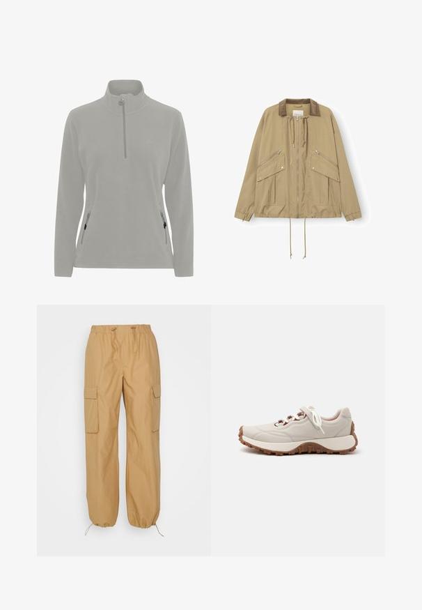 Veste légère beige avec col en velours côtelé marron, fermeture éclair frontale, cordons au col et à l'ourlet, et poches zippées en biais avec rabats pressionnés.; Pull en polaire gris clair avec un col haut, fermeture éclair demi-zippée, poches latérales avec zippers et une texture lisse. Logo simple sur la poitrine.; b.young BYDEMETE - Pantalon cargo - tiger's eye; Baskets beige clair avec des lacets blancs, une bande auto-agrippante et une semelle épaisse en caoutchouc marron avec des rainures profondes pour une meilleure adhérence.