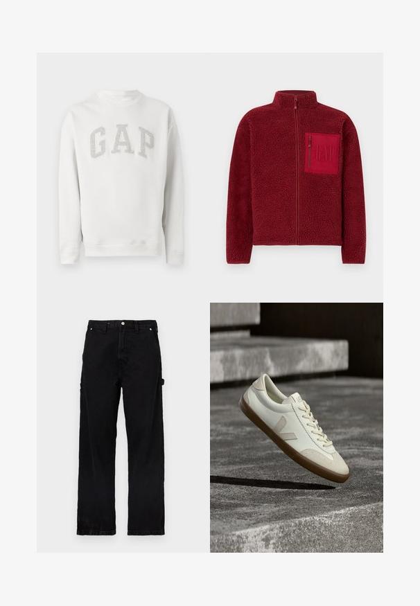 Veste en polaire rouge avec fermeture éclair complète, col montant, et poche poitrine zippée arborant le logo GAP embossé.; Sweat-shirt blanc à manches longues avec col rond et lettres grises "GAP" sur la poitrine, en tissu doux, présenté sur un fond uni.; Pantalon en denim noir à coupe droite, doté d'une braguette à boutons et fermeture éclair, de poches latérales et de légères variations de texture.; Baskets en cuir blanc avec semelle en caoutchouc beige, lacets plats et accent en forme de V sur le côté. Présentent une surface lisse et peu de détails de couture.