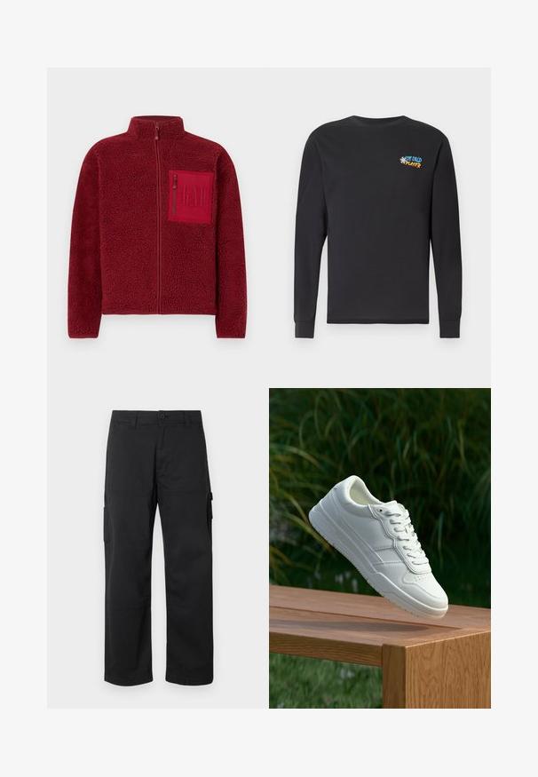Rote Fleecejacke mit durchgehendem Reißverschluss, hohem Kragen und einer Brusttasche mit Reißverschluss, die das geprägte GAP-Logo zeigt.; Schwarzes Langarm-Shirt aus Baumwolle mit einem bunten "ICE COLD PLAYER"-Print auf der oberen linken Brust. Rundhalsausschnitt, gerade Passform.; Schwarze Cargo-Hosen mit geradem Bein, mehreren Seitentaschen und einem Knopfverschluss. Hergestellt aus strapazierfähigem, leichtem Stoff.; Weiße Ledersneaker mit glatter Oberfläche, ausgestattet mit einem perforierten Design, klassischer Schnürung und Gummisohle, positioniert auf einer Holzoberfläche.
