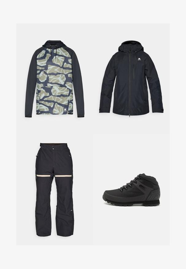 Veste imperméable noire avec une fermeture éclair, capuche ajustable et poignets élastiques. Dotée d'un logo sur la poitrine et de plusieurs poches.; Sweatshirt à capuche avec un motif camouflage dans des tons de vert et de bleu, avec des manches noires et une poche avant. Fabriqué en tissu doux.; Pantalons de neige noirs à coupe ample, dotés de deux poches zippées, d'accents beiges et de poignets ajustables pour un maintien sûr. Fabriqués en matériau durable.; Bottes de randonnée mi-hautes noires avec un dessus en maille texturée, un renfort au niveau du talon et une semelle en caoutchouc dotée d'un motif de semelle pour une meilleure adhérence.