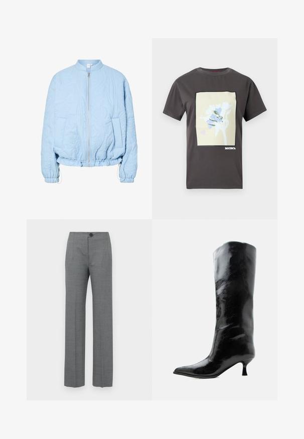 Lyseblå quiltet bomberjakke med blomsterbroderi, lynlås foran, sidelommer, elastisk kant og manchetter med justerbare snore.; Mørkegrå t-shirt med korte ærmer og et rektangulært blomsterprint i creme, blå og grøn, samt "MAX&Co." logoen i nederste højre hjørne.; Grå skreddersydde bukser med lige ben, der har en knaplukning, sidelommer og et glat, struktureret stof.; Sort skinnende knæhøj læderstøvle med spids tå og lav buet hæl på en ensfarvet lys baggrund.
