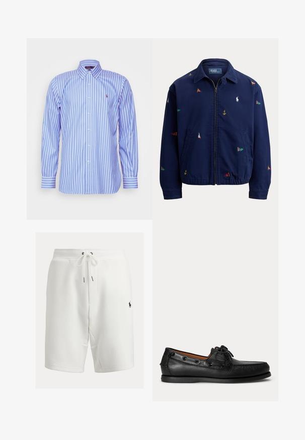 Merevärvi sinine lukuga jope kraega, elastse ääre, küljetaskutega ning väikeste mitmevärviliste merelippude ja ankrus tikanditega.; Polo Ralph Lauren CUSTOM FIT STRIPED PINPOINT OXFORD SHIRT - Pluus - blue/white; Valged puuvillased lühikesed püksid, kummipaelaga vöökoht, nöörkinnitusega, küljetaskutega ja väikese musta logoga alumisel vasakul küljel.; Mustast nahast mokkassiin paeltega ja madala kummist tallaga, näht külje pealt heledal taustal.
