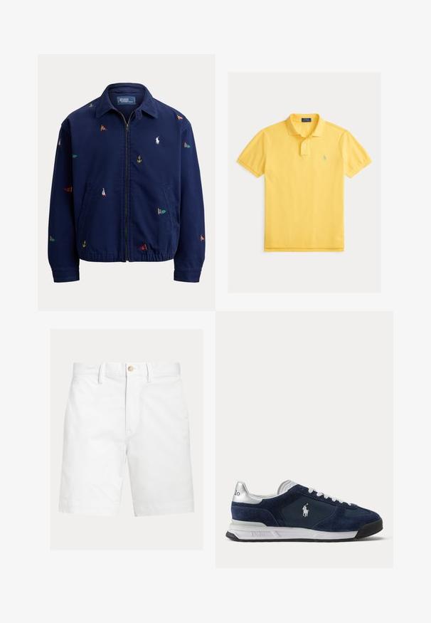 Marineblaue Reißverschlussjacke mit Kragen, elastischem Saum, Seitentaschen und kleinen mehrfarbigen nautischen Flaggen- und Ankerstickereien.; Gelbes Polohemd aus Baumwolle mit klassischem Kragen, zwei Knöpfen am Ausschnitt und einem kleinen blauen Logo auf der linken Brust.; Weiße kniehohe Shorts mit Gürtelschlaufen und braunem Knopfverschluss an der Taille, auf schlichtem Hintergrund dargestellt.; Herren Polo Sneaker in Marineblau und Weiß mit Velours- und Mesh-Einsätzen, weißen Schnürsenkeln und Polo-Logo an der Seite und Ferse.