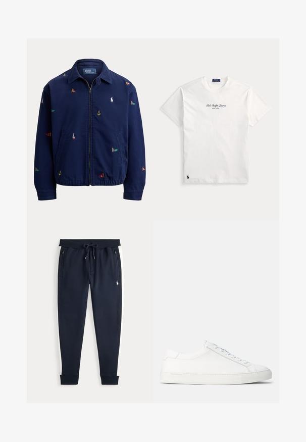 Tmavomodrá bunda na zips s golierom, elastickým lemom, bočnými vreckami a malými farebnými námorníckymi vlajkami a výšivkou kotvy.; Biele tričko Polo Ralph Lauren s krátkym rukávom s textom "Polo Ralph Lauren New York" na hrudi a malým čiernym logom blízko spodného okraja.; Námornícke modré teplákové nohavice s bielymi bočnými pruhmi, zipsovými vreckami, elastickým pásom s šnúrkou a malým bielym logom na pravej nohe.; Biele kožené tenisky s hladkým povrchom, zaobleným tvarom, plochou gumenou podrážkou a bielymi šnúrkami. Majú minimalistický dizajn a nenápadné branding.