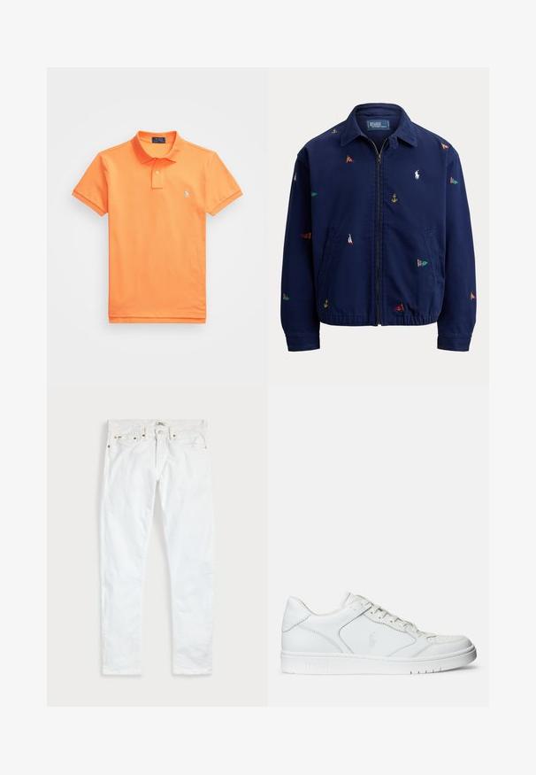 Marineblaue Reißverschlussjacke mit Kragen, elastischem Saum, Seitentaschen und kleinen mehrfarbigen nautischen Flaggen- und Ankerstickereien.; Oranges Poloshirt aus Baumwolle mit Rundhalsausschnitt, kurzen Ärmeln und einem kleinen blauen Logo auf der linken Brust. Glatte Textur, klassischer Schnitt.; Weiße Slim-Fit-Jeans mit fünf Taschen, Knopfverschluss und Gürtelschlaufen, flach auf einem schlichten hellen Hintergrund ausgelegt.; Weißer Ledersneaker mit glatter Textur, ausgestattet mit einer perforierten Zehenpartie, Schnürverschluss und gesticktem Logo an der Seite. Weiße Gummisohle.
