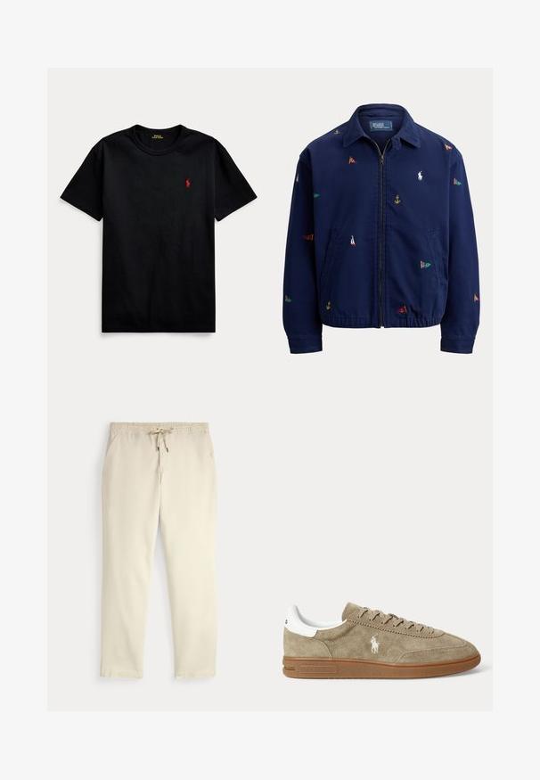 Mørkeblå jakke med lynlås, krave, elastisk kant, sidelommer og små flerfarvede maritime flag og ankerbroderi.; Sort bomulds t-shirt med korte ærmer, rund halsudskæring, og lille rødt broderet logo på venstre bryst. Glat overflade, afslappet design.; Off-white afslappede bukser med elastisk talje og snor, lige ben og sidelommer mod en ensfarvet baggrund.; Beige lavskoet ruskindesneaker med brun sål, hvid hældetalje, snørebånd og en hvid broderet polospillerlogo på siden.
