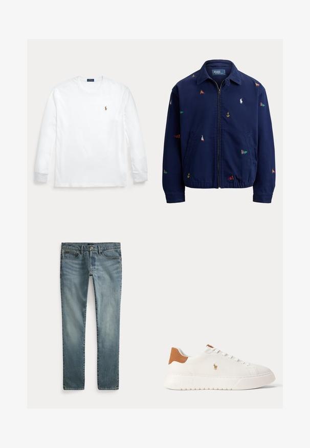 Marineblaue Reißverschlussjacke mit Kragen, elastischem Saum, Seitentaschen und kleinen mehrfarbigen nautischen Flaggen- und Ankerstickereien.; Weißes Langarmshirt mit Rundhalsausschnitt und kleinem besticktem Polo Ralph Lauren-Logo auf der linken Brust.; Blaue Jeans mit geradem Bein, vorderen Taschen, Gürtelschlaufen und Knopfverschluss.; Weißer Sneaker mit niedrigem Schaft, beige Fersenlasche, weißen Schnürsenkeln und kleinem, besticktem Polospieler-Logo an der Seite über einer dicken Sohle.