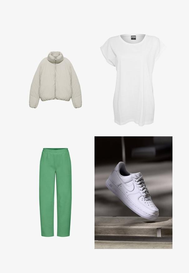 Doudoune gris clair avec col montant, manches longues et fermeture éclair à l'avant, présentée sur fond blanc.; T-shirt blanc à manches courtes en coton, présentant une coupe décontractée, un large décolleté et un design minimaliste sans motifs ni accents.; Pantalon de survêtement vert en tissu mélangé coton, doté d'une taille élastique, de poches latérales et d'une coupe décontractée.; Baskets Nike Air Force 1 blanches lévitant au-dessus d'une surface en béton avec des ombres dans un cadre minimaliste.