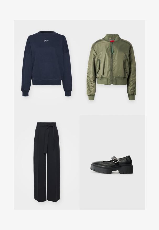 Olijfgroene bomberjack met een ritssluiting aan de voorkant, ribbelmanchetten en -zoom, en schuin geplaatste zijzakken met drukknoopsluiting. Glad, glanzend textuur.; Navy blauwe sweatshirt van zacht katoen, met een ronde hals, verlaagde schouders en geborduurd logo op de borst. Casual pasvorm, ribbelmanchetten.; Zwarte wijde broek van zachte stof. Voorzien van een ceintuur en plooien aan de voorkant. Glad textuur met een strakke, hedendaagse stijl.; Zwarte leren Mary Jane schoenen met een chunky plateauzool, ronde neus en zijgespsluiting. Glad uiterlijk met minimale stiksels.