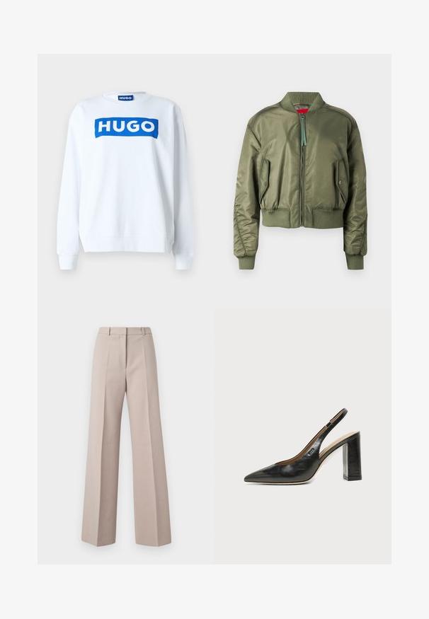 Olivegrüne Bomberjacke mit Reißverschluss vorne, gerippten Bündchen und Saum sowie schräge Seitentaschen mit Druckknopfverschluss. Glatte, glänzende Textur.; Weißer Sweatshirt aus Baumwollmischung mit einem blauen "HUGO"-Logo auf der Vorderseite, Rundhalsausschnitt und gerippten Bündchen und Saum.; Beige weit geschnittene Hosen aus einem glatten Stoff, mit hoher Taille, vorderen Falten und einer maßgeschneiderten Silhouette.; Schwarzer Leder-Slingback-Schuh mit spitzer Kappe, hohem Blockabsatz und beigegefüttertem Innenraum vor hellem, einfarbigem Hintergrund.