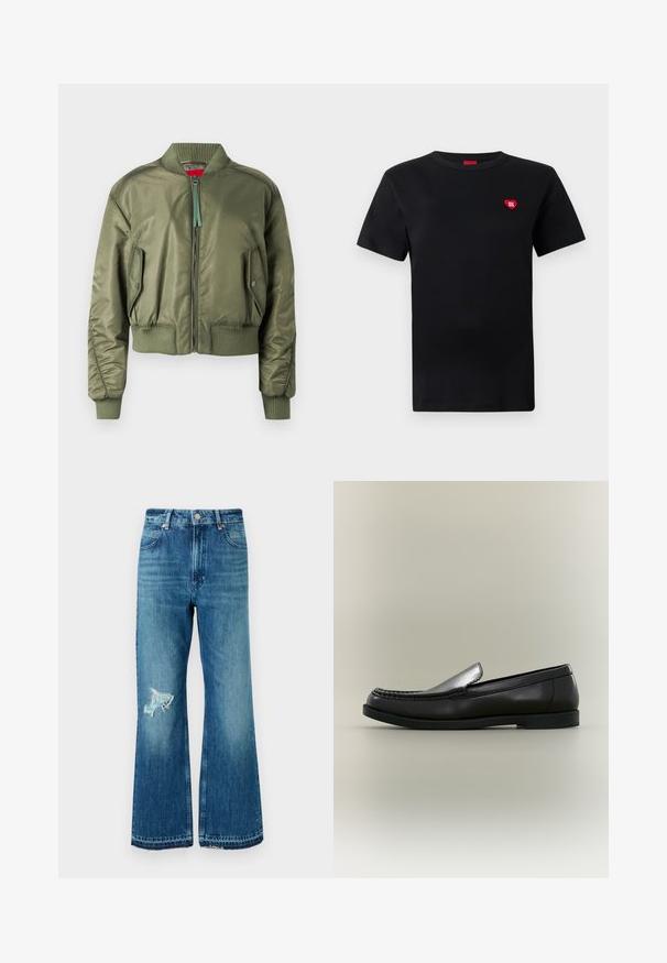 Olive vihreä bomber-takki, jossa on vetoketjukiinnitys, ribatut hihansuut ja helma sekä viistot sivutaskut napilla. Sileä, kiiltävä rakenne.; Mustat puuvillapaidat, joissa on lyhyet hihat ja pyöreä kaula-aukko. Vasemmassa rintakehässä pieni punainen sydänlogo, jossa on "HUGO"-teksti.; Siniset farkut, joissa on leveät lahkeet, repaleinen helma ja kulunut paikka vasemmassa reidessä. Mukana perinteinen viiden taskun malli ja metalliset napit.; Musta nahkainen loafer-kengän mokkakärkiompeleet, matala korko ja slip-on-malli neutraalia taustaa vasten.