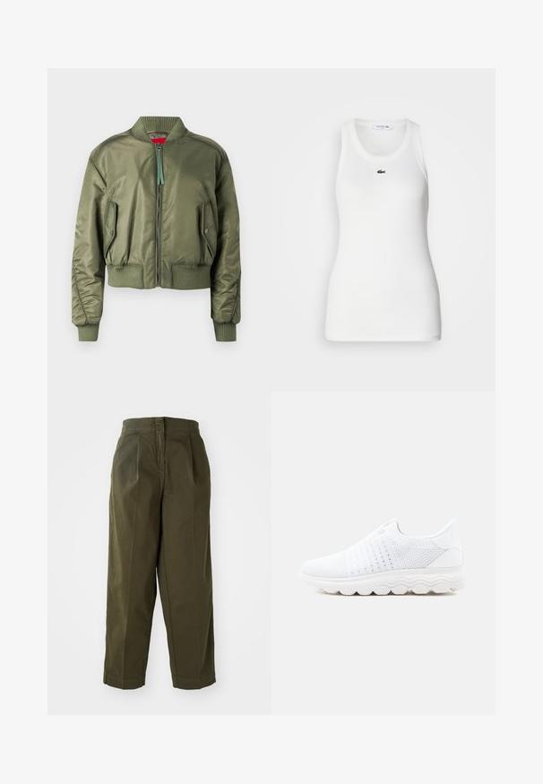 Olive vihreä bomber-takki, jossa on vetoketjukiinnitys, ribatut hihansuut ja helma sekä viistot sivutaskut napilla. Sileä, kiiltävä rakenne.; Valkoinen hihaton t-paita pyöreällä kaula-aukolla ja ribbitekstuuriella. Rinnassa pieni vihreä Lacosten krokotiililogo.; Oliivinvihreät, leveälahkeiset housut korkealla vyötäröllä, joissa on etusilmukat ja käännetyt lahkeet. Valmistettu kevyestä kankaasta, jossa on sileä pinta.; Valkoiset slip-on-tennarit, joissa on teksturoitu neulottu päällinen, pehmustettu kaulus ja paksu, aaltoileva kumipohja. Kevyt ja hengittävä muotoilu.