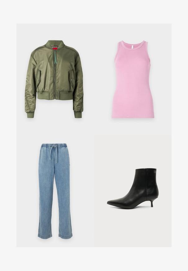 Olivegrüne Bomberjacke mit Reißverschluss vorne, gerippten Bündchen und Saum sowie schräge Seitentaschen mit Druckknopfverschluss. Glatte, glänzende Textur.; Rosa Tanktop mit figurbetontem Design, runder Ausschnitt und gerippter Textur. Keine Muster oder Akzente vorhanden.; Helle blaue Jeans mit elastischem Bund, Kordelzug und aufgerollten Säumen. Gerades Bein mit lässiger Passform.; Schwarzer Leder-Knöchel-Stiefel mit spitzer Spitze und niedrigem Kittenabsatz vor hellem Hintergrund, seitliche Ansicht.