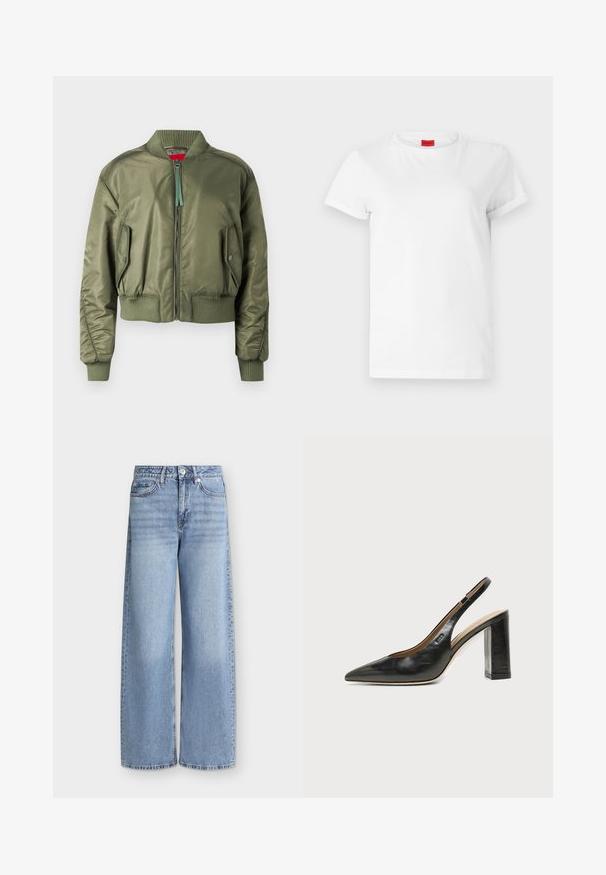 Chaqueta bomber de color verde oliva con cierre de cremallera frontal, puños y dobladillo acanalados, y bolsillos laterales en ángulo con cierre a presión. Textura suave y brillante.; Camiseta blanca de manga corta hecha de algodón ligero. Presenta un escote redondo y mangas enrolladas. Etiqueta de logo roja en el cuello.; Vaqueros de pierna ancha azul claro con bolsillos delanteros, trabillas para cinturón, cierre de botones y detalles desgastados en los muslos.; Zapato slingback de piel negra con puntera puntiaguda, tacón alto y ancho, y forro interior beige sobre un fondo claro y liso.