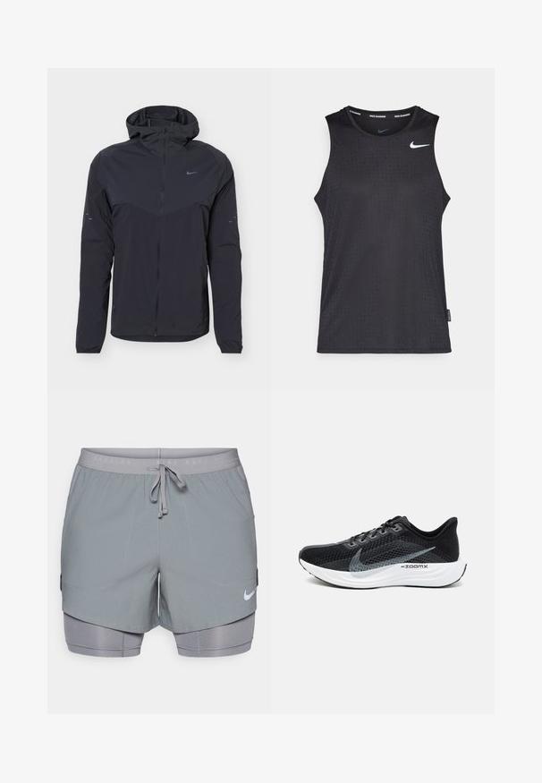 Sort letvægtsjakke med hætte, fuld frontlynlås, elastiske manchetter og lille Nike Swoosh-logo på bryst og ærmer.; Sort ærmeløs atletisk tanktop lavet af glat materiale, med et tekstureret mønster og et lille hvidt Nike-logo på brystet.; Grå løbeshorts med snor i taljen, indvendig foring og sidelommer. Nike-logoet er trykt i hvid på kanten.; Sort atletiksko med en åndbar mesh-overdel, grå accenter, en polstret hvid sål og et slankt, strømlinet design.