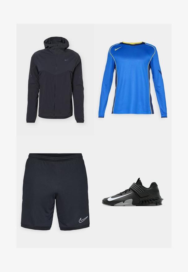Čierna ľahká bunda s kapucňou, celoprepínacím zipsom vpredu, elastickými manžetami a malým logom Nike Swoosh na hrudi a rukávoch.; Dlhý rukáv športového trička v živej modrej farbe, s žltými akcentmi a sieťovinou na bokoch. Logo Nike zobrazené na hrudi.; Čierne športové šortky vyrobené z hladkej, ľahkej textílie, s elastickým pásom a s bielym logom Nike v blízkosti lemu.; Čierne športové topánky s elegantným dizajnom, ktoré obsahujú výrazné biele logo Nike, textúrované prekrytia a charakteristickú tvarovanú podrážku.