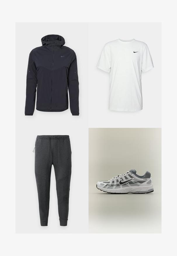 Sort letvægtsjakke med hætte, fuld frontlynlås, elastiske manchetter og lille Nike Swoosh-logo på bryst og ærmer.; Hvid bomulds T-shirt med korte ærmer, rund halsudskæring og et sort Nike-logo på venstre bryst. Glat, let stof.; Mørkegrå Nike joggerbukser med snøre i taljen, lynlåslomme på siden, afsmalnede ben og ribbede manchetter på en hvid baggrund.; Hvid og grå Nike P-6000 sneaker med sort swoosh, meshpaneler og tekstureret sål, vist i sideprofil på neutral baggrund.