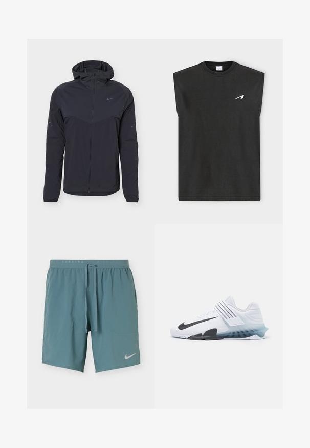 Čierna ľahká bunda s kapucňou, celoprepínacím zipsom vpredu, elastickými manžetami a malým logom Nike Swoosh na hrudi a rukávoch.; Čierne tielko s okrúhlym výstrihom a malým bielym šikmým logom na ľavej strane hrude, zobrazené na bielom pozadí.; Modro-zelené športové šortky so sťahovacou šnúrkou v páse, bočnými vreckami a bielym logom Nike na ľavej nohe.; Biela športová obuv s čiernym logom Nike, sieťovinovým zvrškom, tromi čiernymi pruhmi a gradientnou podrážkou od modrej po priesvitnú. Obsahuje posilnené akcenty.