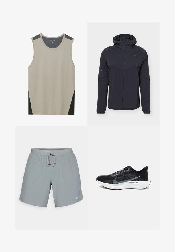 Veste légère noire à capuche avec fermeture éclair intégrale sur le devant, poignets élastiques et petit logo Nike Swoosh sur la poitrine et les manches.; Débardeur beige sans manches avec des accents d'épaule gris foncé et des panneaux latéraux noirs. Texture lisse avec un col arrondi.; Shorts de course gris avec une taille à cordon, deux poches avant et un logo Nike réfléchissant sur le bas du côté droit.; Chaussure de sport noire avec une tige en mesh respirant, des accents gris, une semelle blanche rembourrée et un design élégant et épuré.