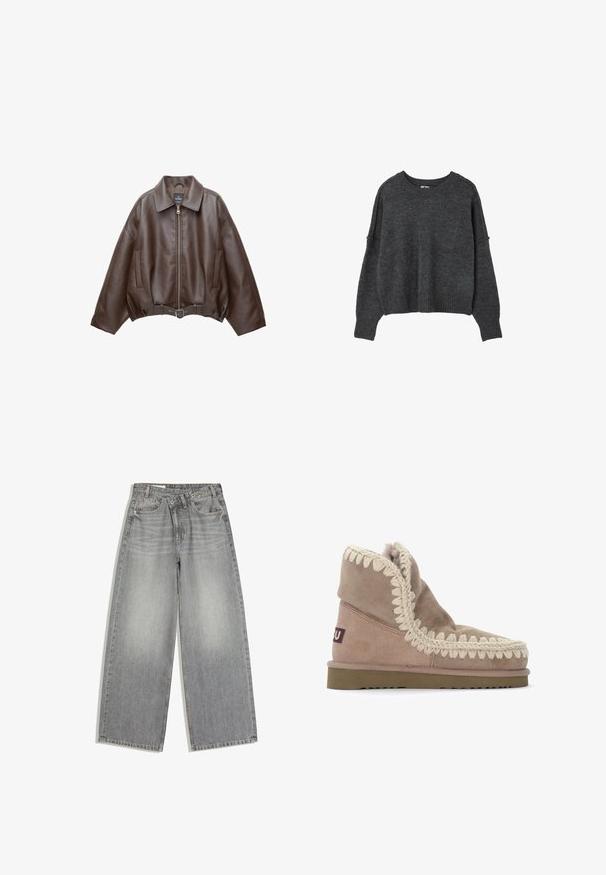 Veste en cuir marron foncé avec col, fermeture éclair à l'avant, poches latérales et ceinture en cuir assortie à la taille.; Pull en maille gris foncé à manches longues avec un col rond et des poignets et un bas côtelés, présenté sur fond blanc.; Jean en denim gris à jambes larges avec fermeture par bouton et zip, poches avant et passants de ceinture, posé à plat sur fond blanc.; Botte cheville en suède beige avec un bord tressé crème texturé le long de l'ouverture et une semelle en caoutchouc. Doublure douce visible en haut.