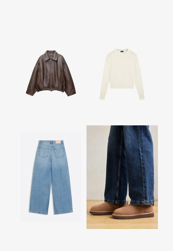 Mørkebrun læderjakke med krave, lynlås foran, sidelommer og et matchende læderbælte ved taljen.; Plain hvid strikket sweater med lange ærmer, ribbede manchetter og kant samt en rund halsudskæring, vist på hvid baggrund.; Lyseblå vidbenede jeans med to baglommer og et lille beige mærke på linningen.; Brune ruskinds ankelstøvler med flad sål, rund tå og en lille træktab, parret med blå denimjeans med lige skæring.