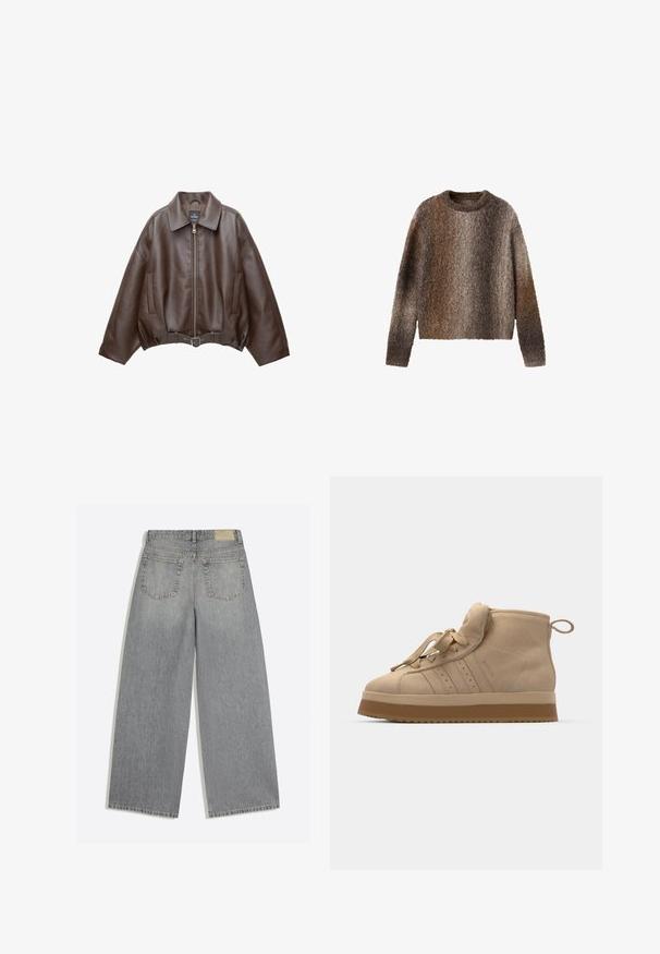 Donkerbruine leren jas met kraag, rits aan de voorkant, zijzakken en een bijpassende leren riem in de taille.; Fuzzy lange mouw trui met een verloop patroon dat bruin, grijs en beige kleuren mengt, met een ronde hals en een zachte textuur.; Grijze wijde denim jeans met achterkant met twee zakken en riemlussen plat op een witte achtergrond gelegd.; Beige suède high-top sneakers met een dikke rubberen zool, voorzien van een opvouwbare tong, ronde neus en decoratieve veters.