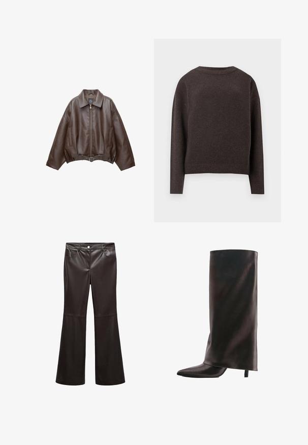 Veste en cuir marron foncé avec col, fermeture éclair à l'avant, poches latérales et ceinture en cuir assortie à la taille.; Un pull ras-du-cou brun foncé avec des manches longues et des poignets et un ourlet côtelés, vu de dos sur un fond blanc.; Pantalons évasés noirs en faux cuir lisse, dotés de poches avant, d'une fermeture éclair et d'un bouton argenté. Détails de couture accentués.; Botte haute noire en cuir avec un bout pointu et un talon fin de hauteur moyenne sur fond blanc.