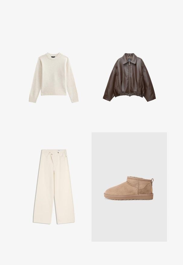 Veste en cuir marron foncé avec col, fermeture éclair à l'avant, poches latérales et ceinture en cuir assortie à la taille.; Pull en tricot beige clair avec un col rond côtelé et un ourlet, doté de manches longues et d'une silhouette décontractée. Texture douce et design minimal.; Pantalon large couleur écru avec poches avant, passants pour ceinture, et boutons argentés sur la ceinture et les bords des poches.; Bottines en daim marron avec un intérieur en douceur, un détail de couture et une semelle en caoutchouc texturée pour une meilleure adhérence. Une boucle à l'arrière pour un enfilage facile.